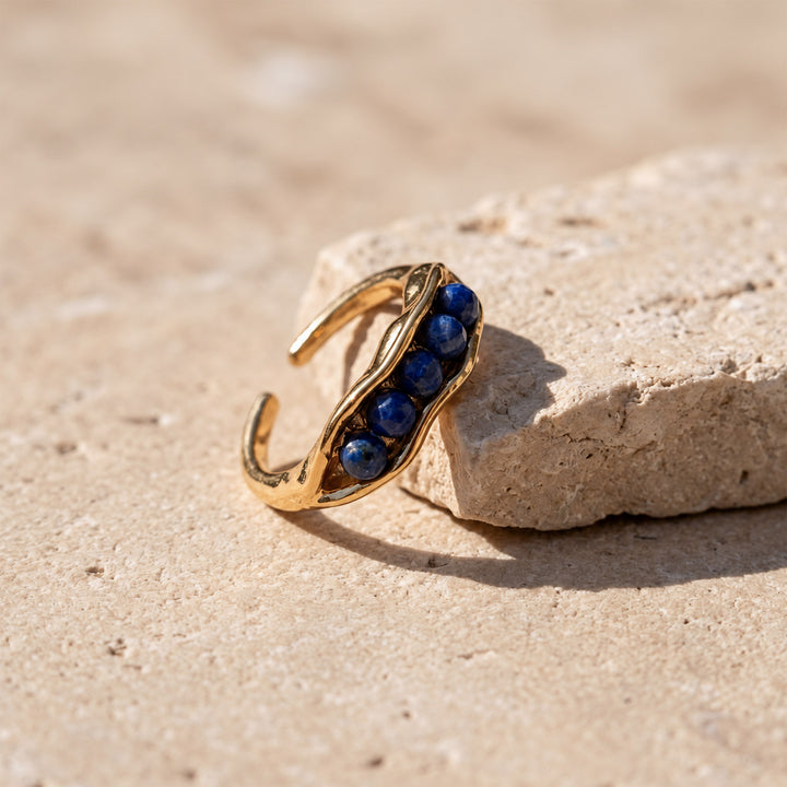 Adjustable Lapis Lazuli Open Band Ring with faceted gemstone row and polished plated brass setting