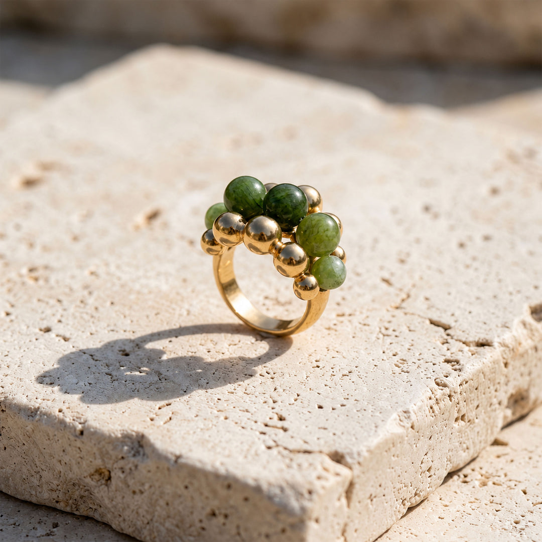 Green Tourmaline cluster ring with 6 mm and 8 mm gemstones and 18K gold PVD-coated stainless steel