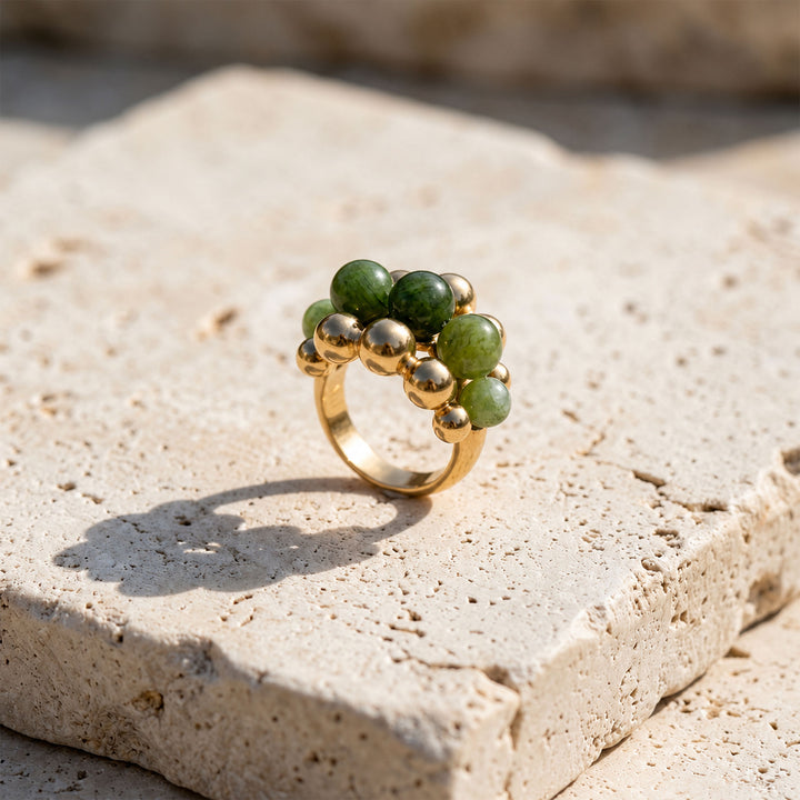 Green Tourmaline cluster ring with 6 mm and 8 mm gemstones and 18K gold PVD-coated stainless steel