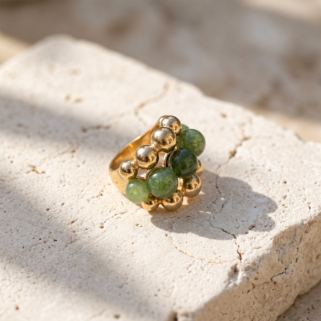 Green Tourmaline cluster ring with 6 mm and 8 mm gemstones and 18K gold PVD-coated stainless steel