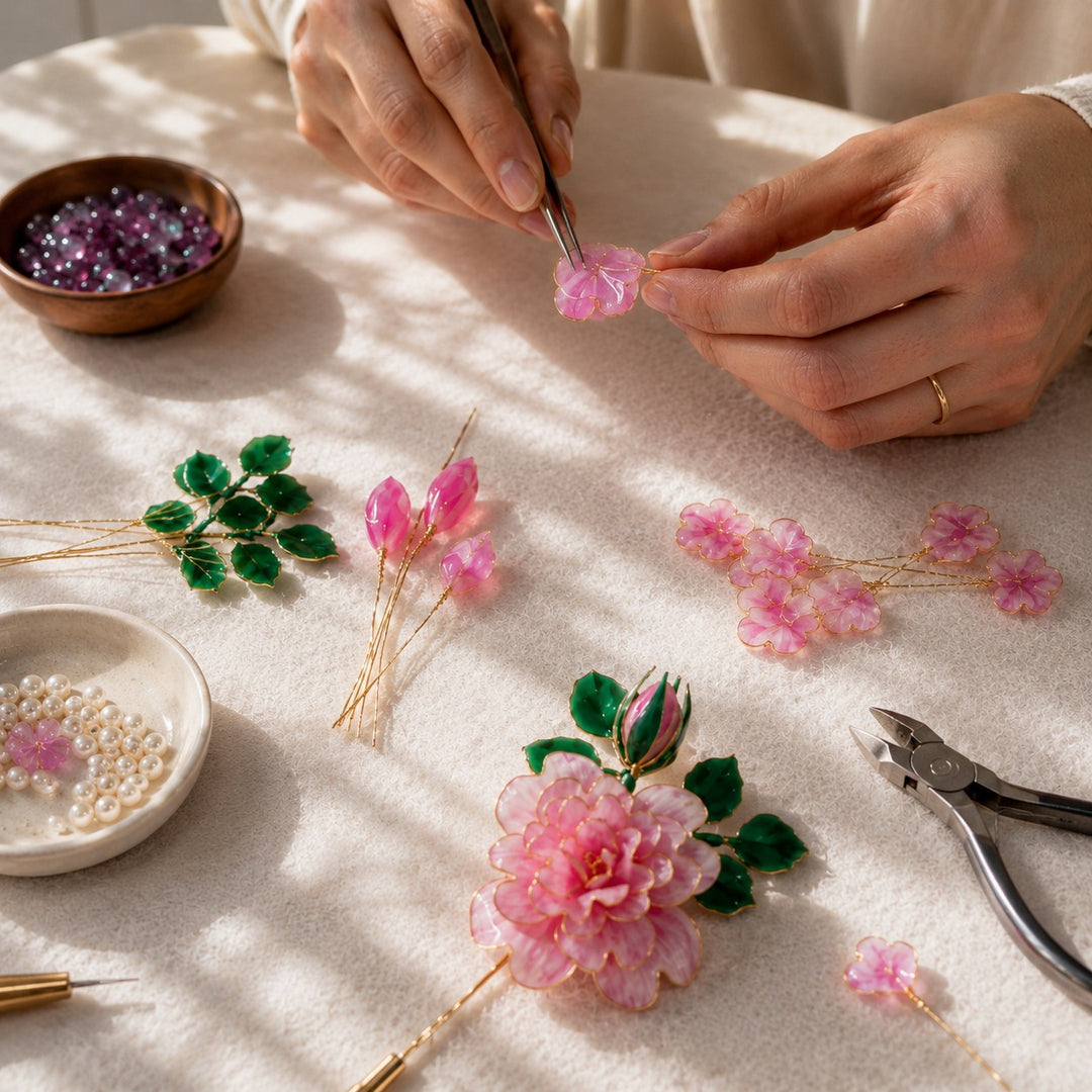 A2K London artisan hand-assembling a pink resin flower petal with tweezers
