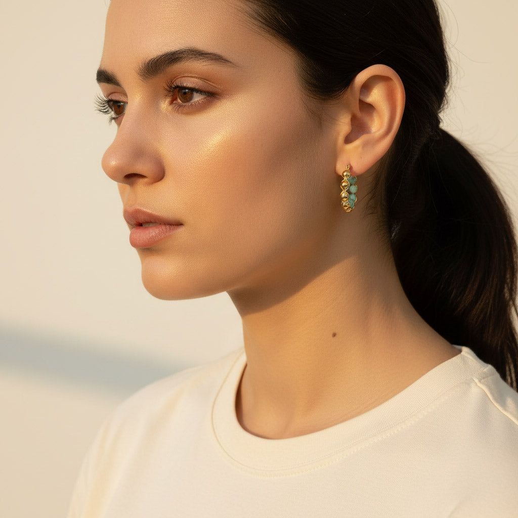 Amazonite Gemstone Hoop Earrings in Gold Stainless Steel