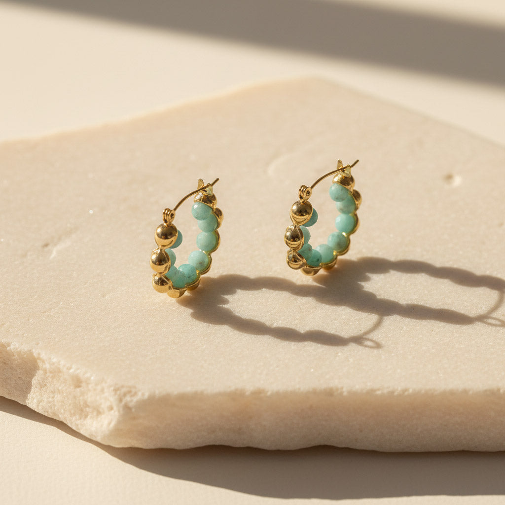 Amazonite Gemstone Hoop Earrings in Gold Stainless Steel