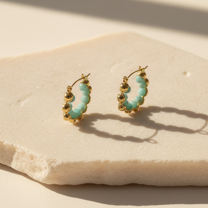 Amazonite Gemstone Hoop Earrings in Gold Stainless Steel