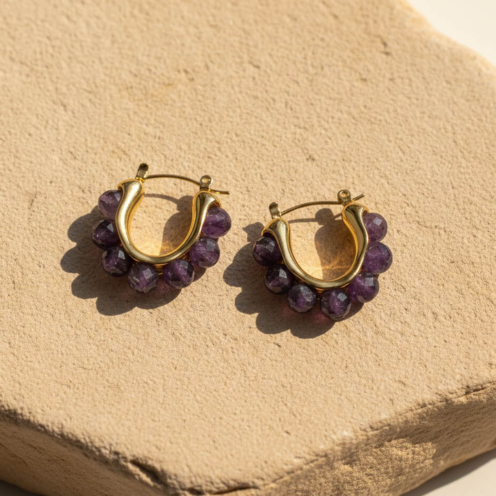 Amethyst Hoop Earrings | Faceted Gemstone Gold Stainless Steel