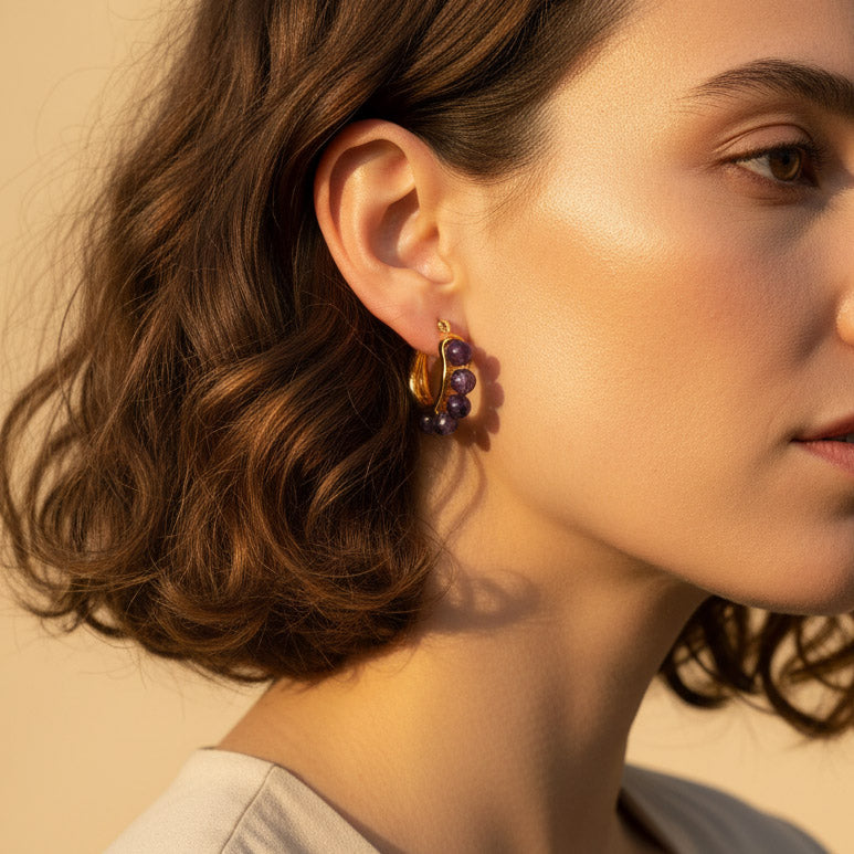 Amethyst Hoop Earrings | Faceted Gemstone Gold Stainless Steel