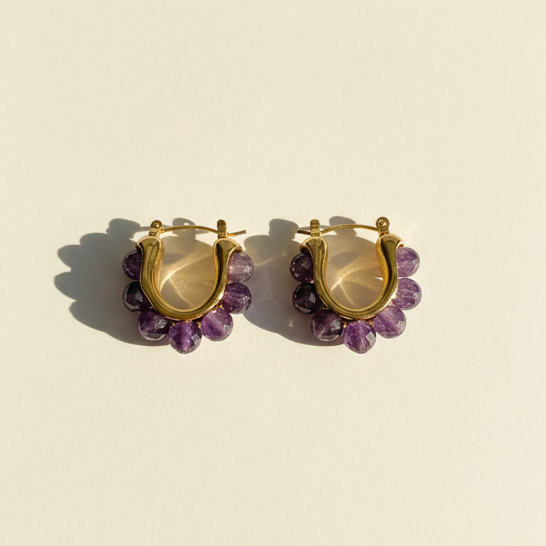 Amethyst Hoop Earrings | Faceted Gemstone Gold Stainless Steel