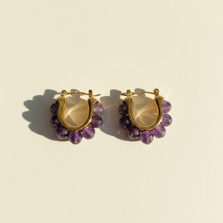 Amethyst Hoop Earrings | Faceted Gemstone Gold Stainless Steel