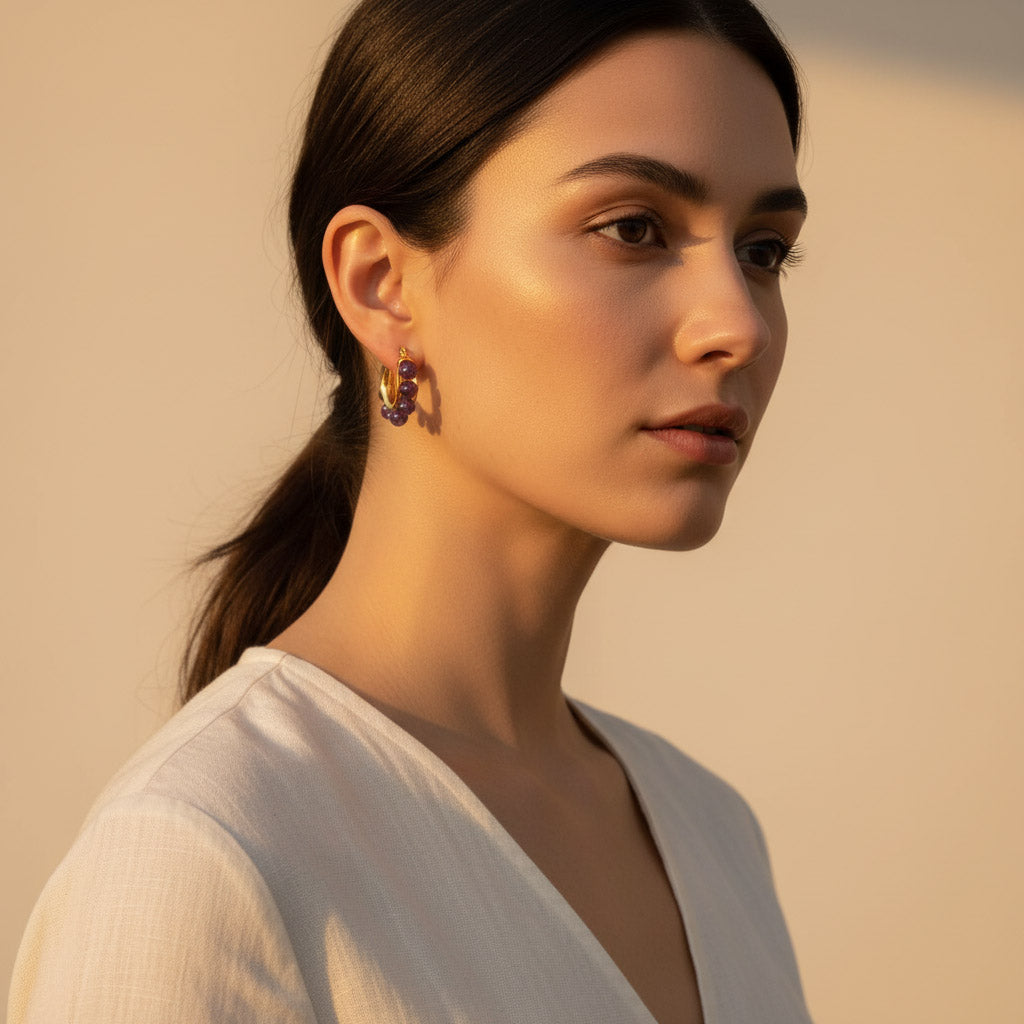 Amethyst Hoop Earrings | Faceted Gemstone Gold Stainless Steel