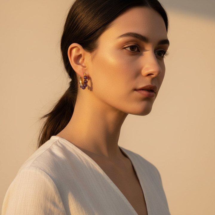 Amethyst Hoop Earrings | Faceted Gemstone Gold Stainless Steel