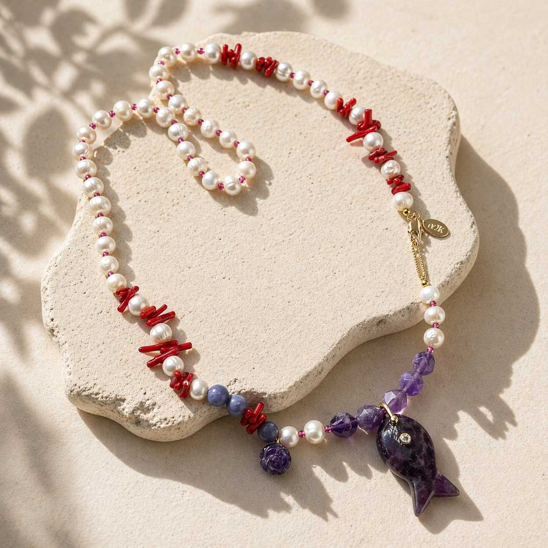 Amethyst Fish & Coral Pearl Necklace