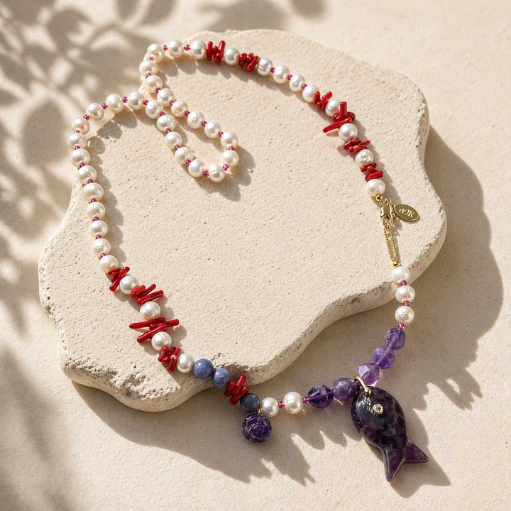 Amethyst Fish &amp; Coral Pearl Necklace