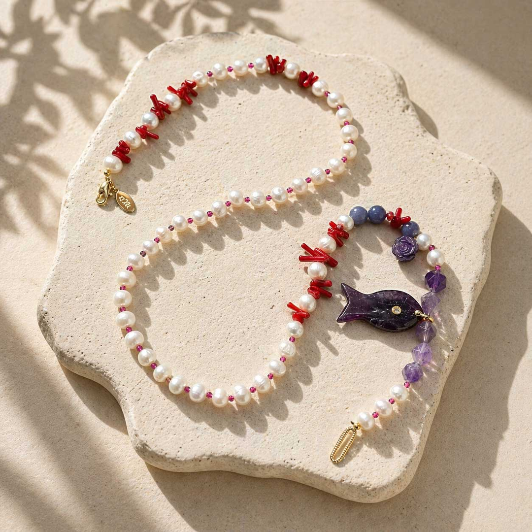 Amethyst Fish &amp; Coral Pearl Necklace