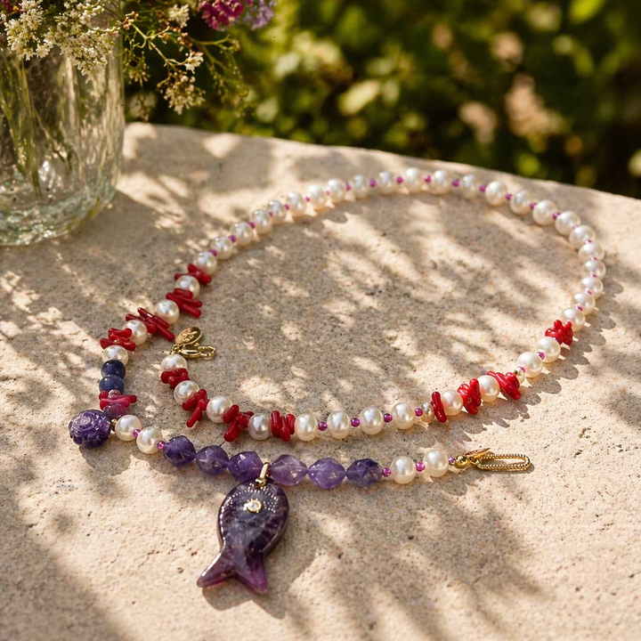 Amethyst Fish &amp; Coral Pearl Necklace
