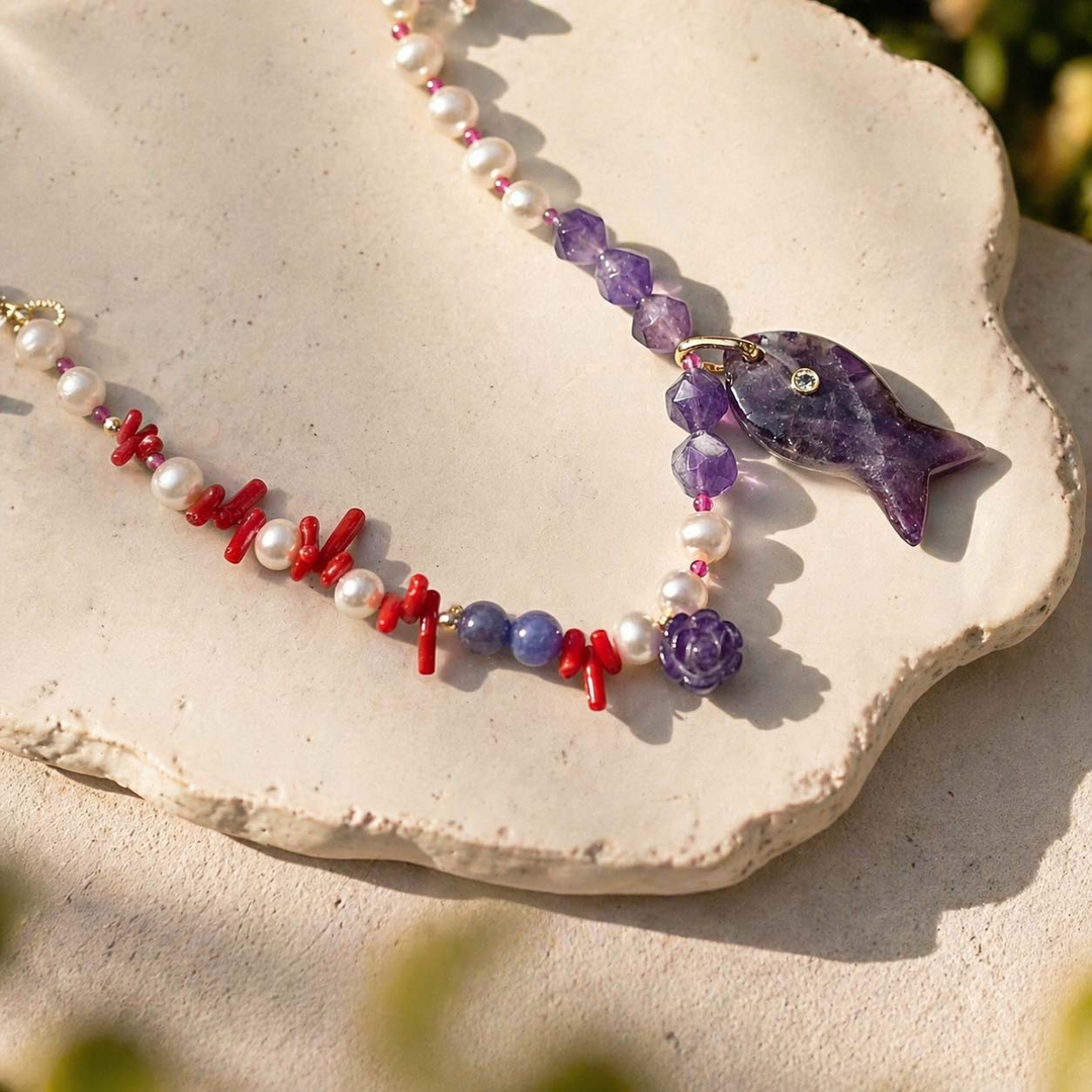 Amethyst Fish &amp; Coral Pearl Necklace