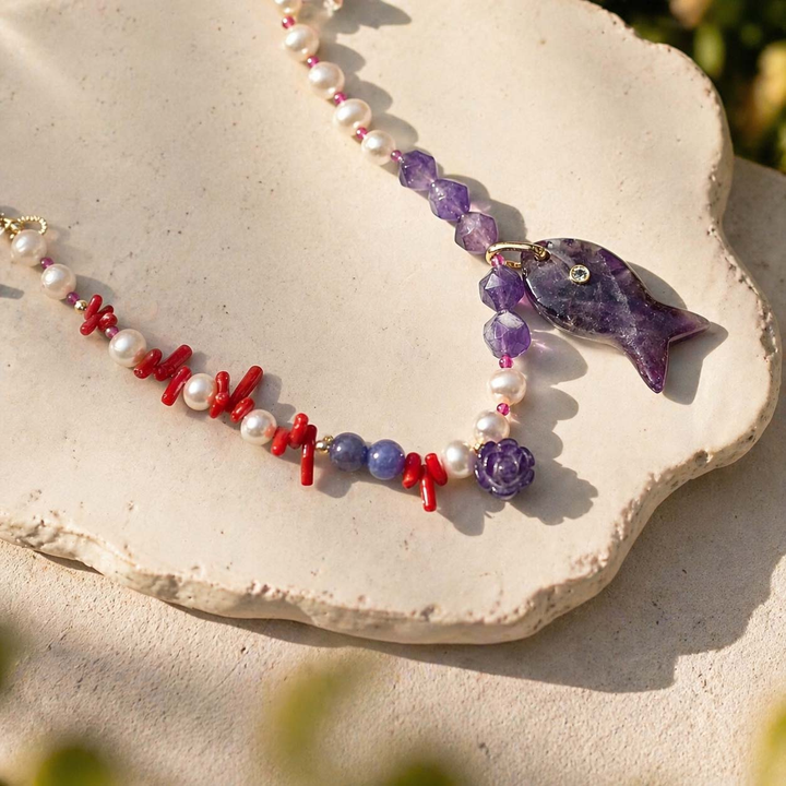 Amethyst Fish &amp; Coral Pearl Necklace
