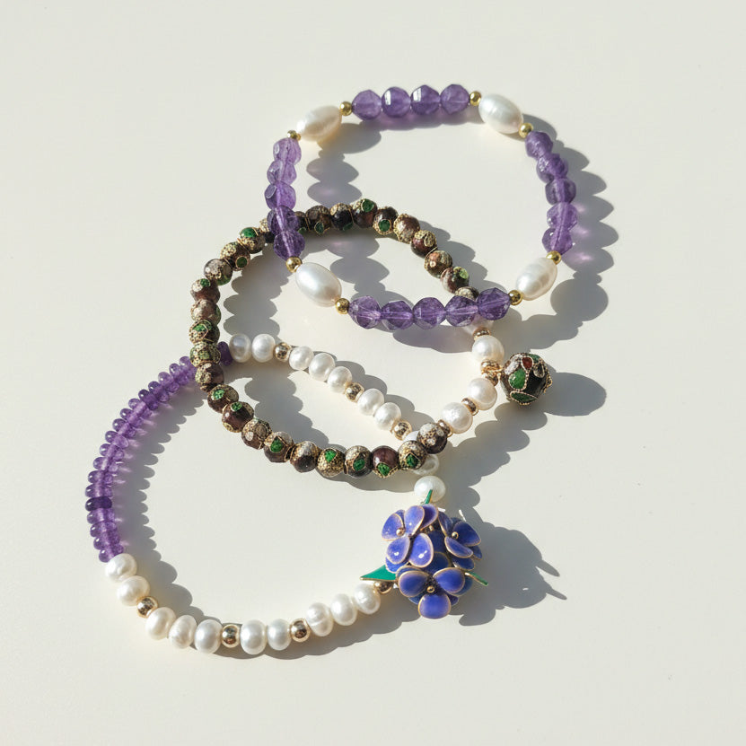 Handcrafted Floral, Amethyst &amp; Cloisonné Beaded Bracelet Set (3pcs)