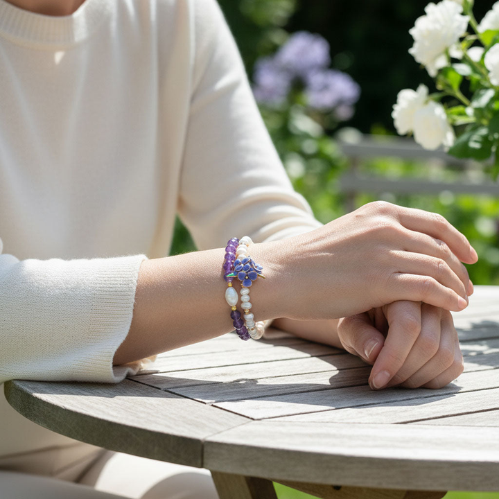 Handcrafted Floral, Amethyst &amp; Cloisonné Beaded Bracelet Set (3pcs)