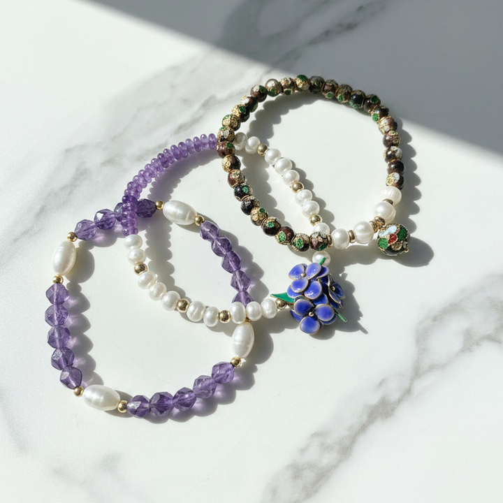 Handcrafted Floral, Amethyst &amp; Cloisonné Beaded Bracelet Set (3pcs)