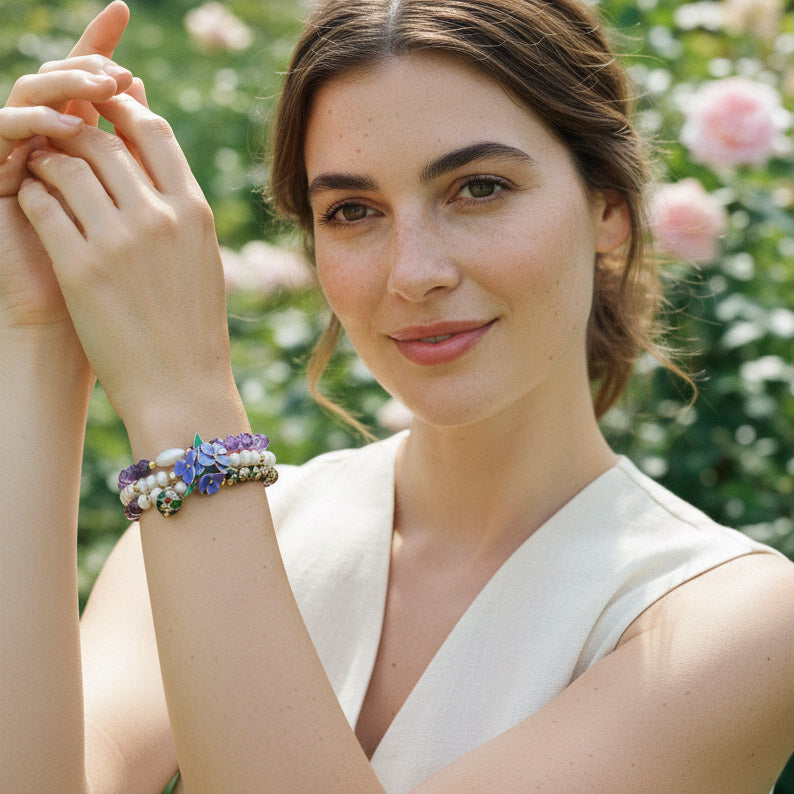 Handcrafted Floral, Amethyst &amp; Cloisonné Beaded Bracelet Set (3pcs)