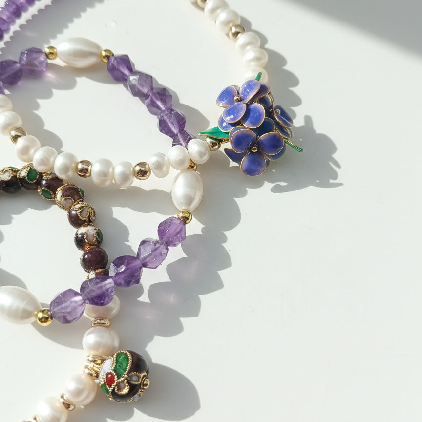 Handcrafted Floral, Amethyst &amp; Cloisonné Beaded Bracelet Set (3pcs)