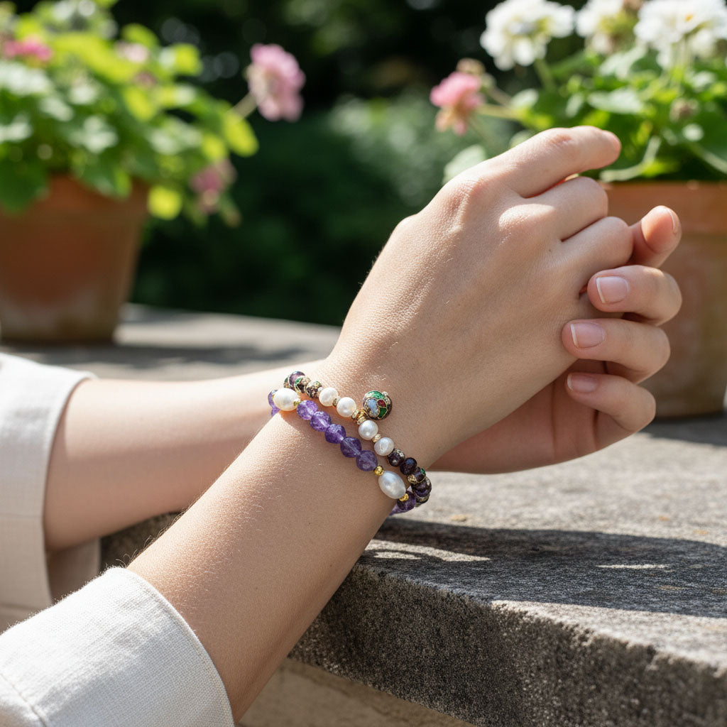 Handcrafted Floral, Amethyst &amp; Cloisonné Beaded Bracelet Set (3pcs)