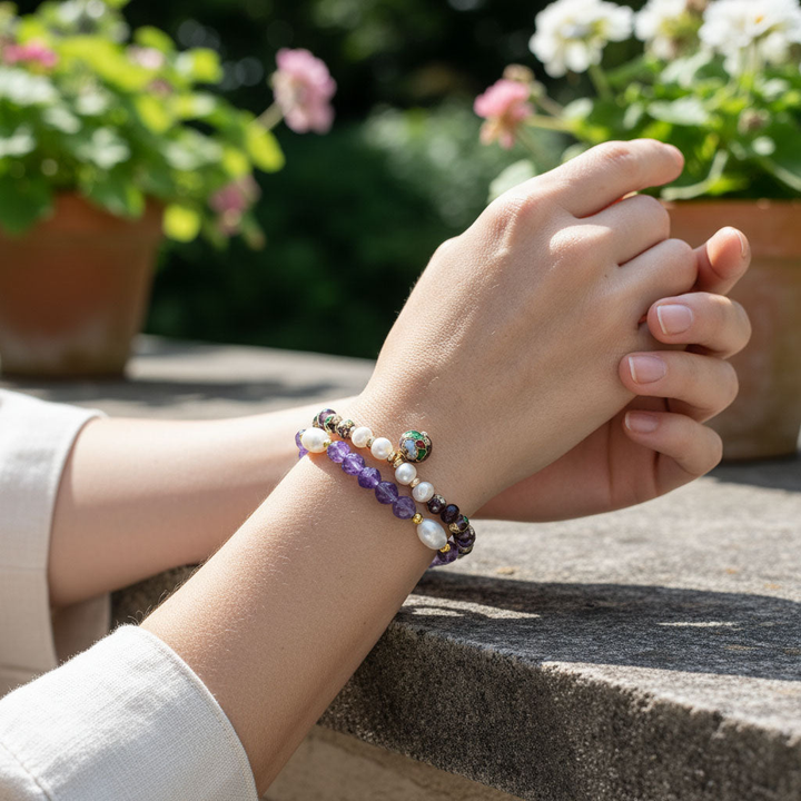 Handcrafted Floral, Amethyst &amp; Cloisonné Beaded Bracelet Set (3pcs)
