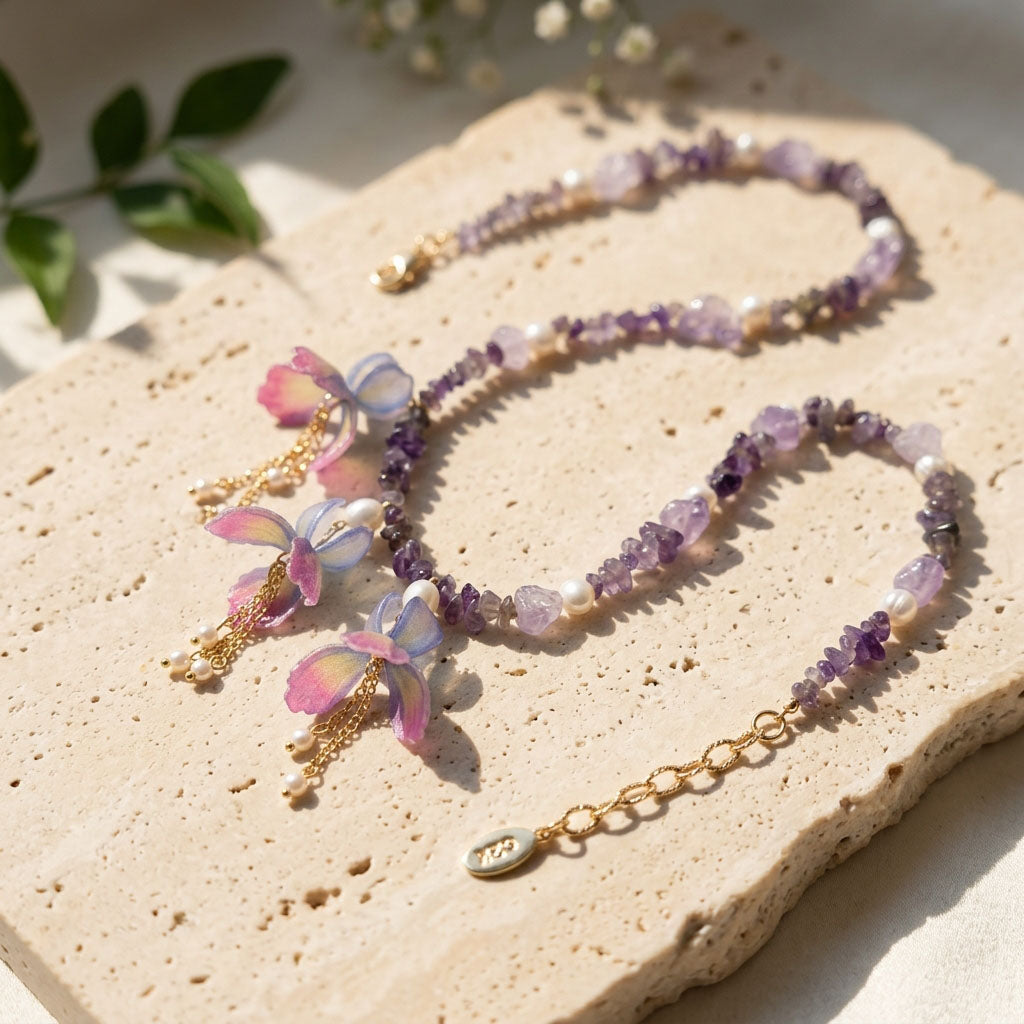 Amethyst Iris Flower Necklace with Pearls