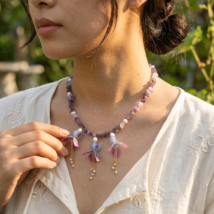 Amethyst Iris Flower Necklace with Pearls