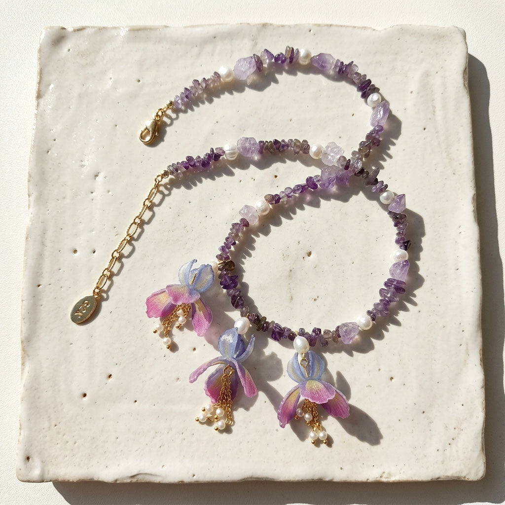 Amethyst Iris Flower Necklace with Pearls