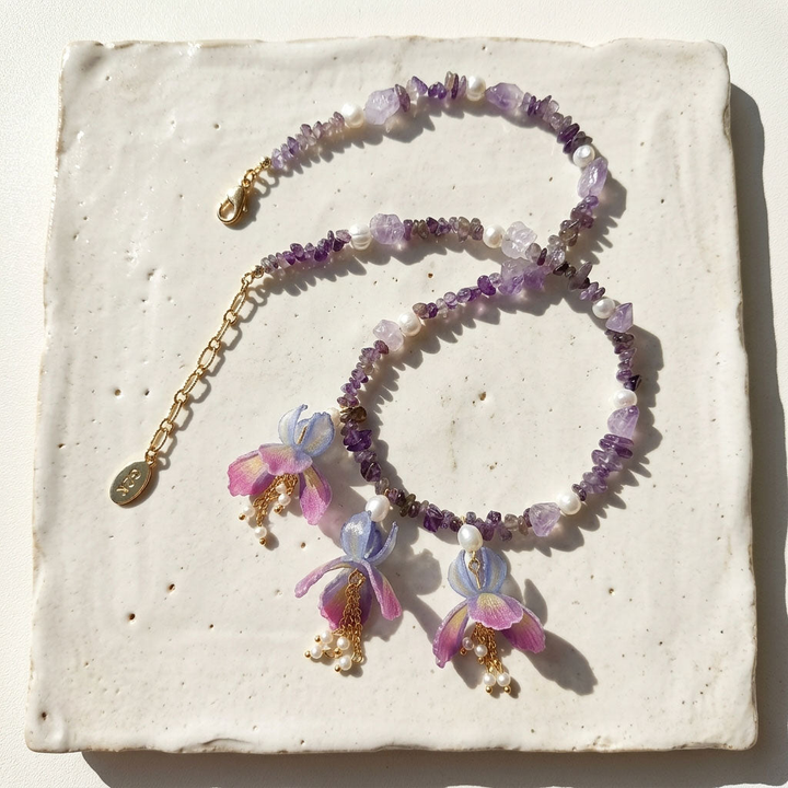Amethyst Iris Flower Necklace with Pearls