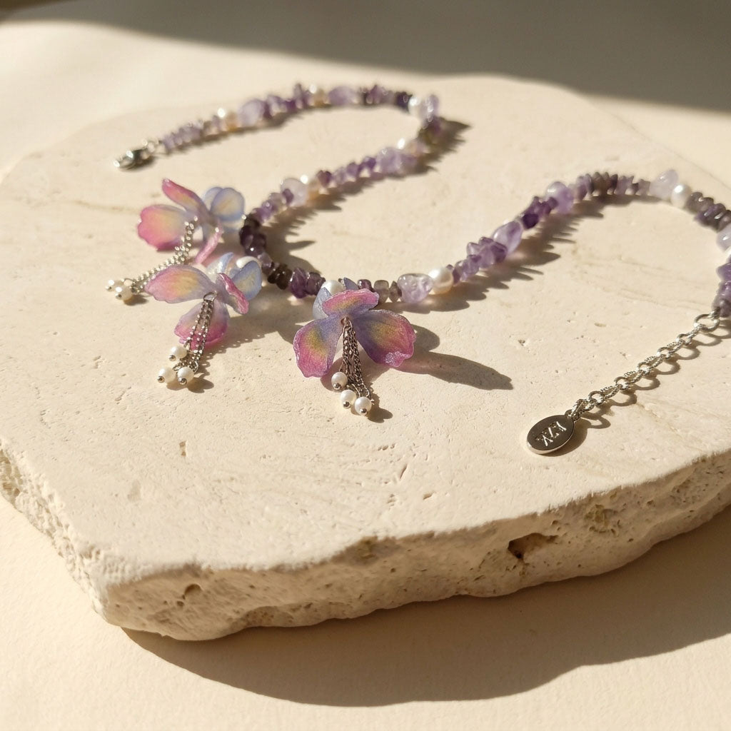 Amethyst Iris Flower Necklace with Pearls