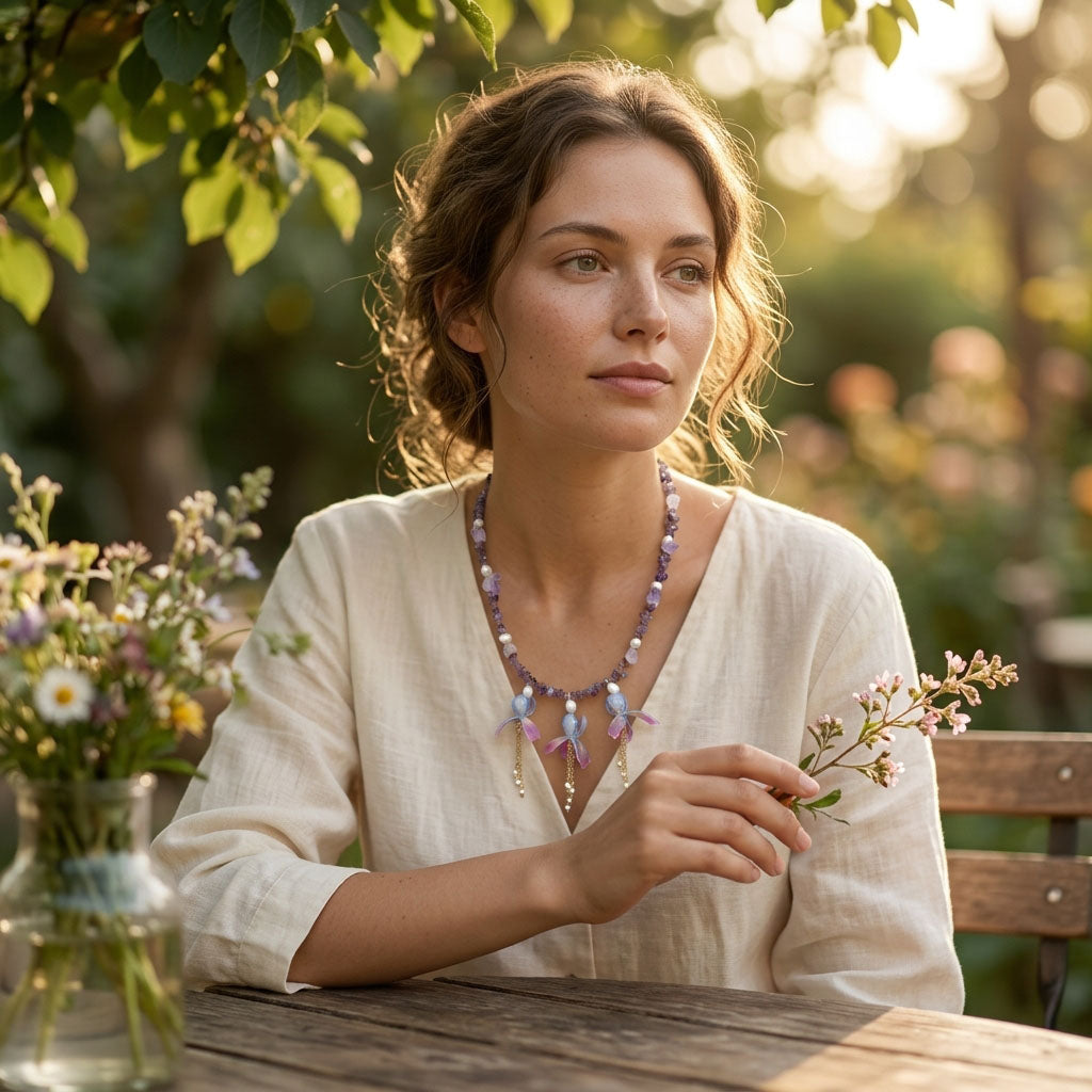 Amethyst Iris Flower Necklace with Pearls