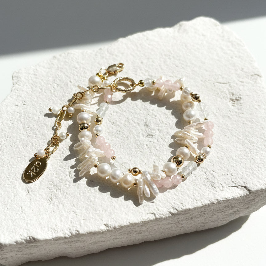 Rose Quartz & Baroque Pearl Botanical Bracelet