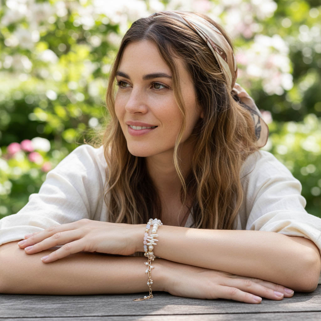 Rose Quartz &amp; Baroque Pearl Botanical Bracelet