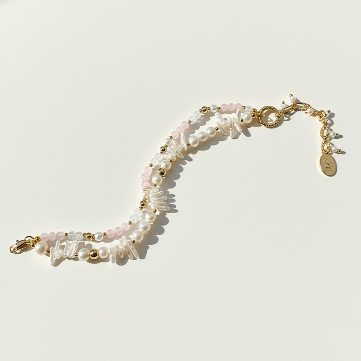 Rose Quartz &amp; Baroque Pearl Botanical Bracelet