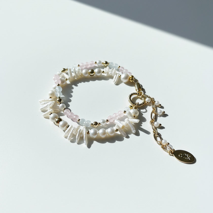 Rose Quartz &amp; Baroque Pearl Botanical Bracelet