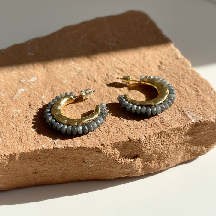 Black Labradorite Beaded Hoop Earrings
