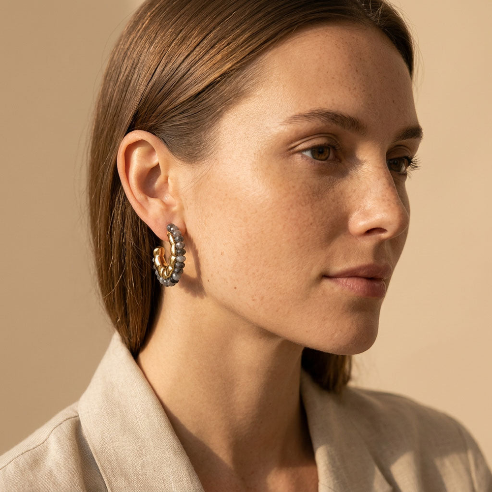 Black Labradorite Beaded Hoop Earrings