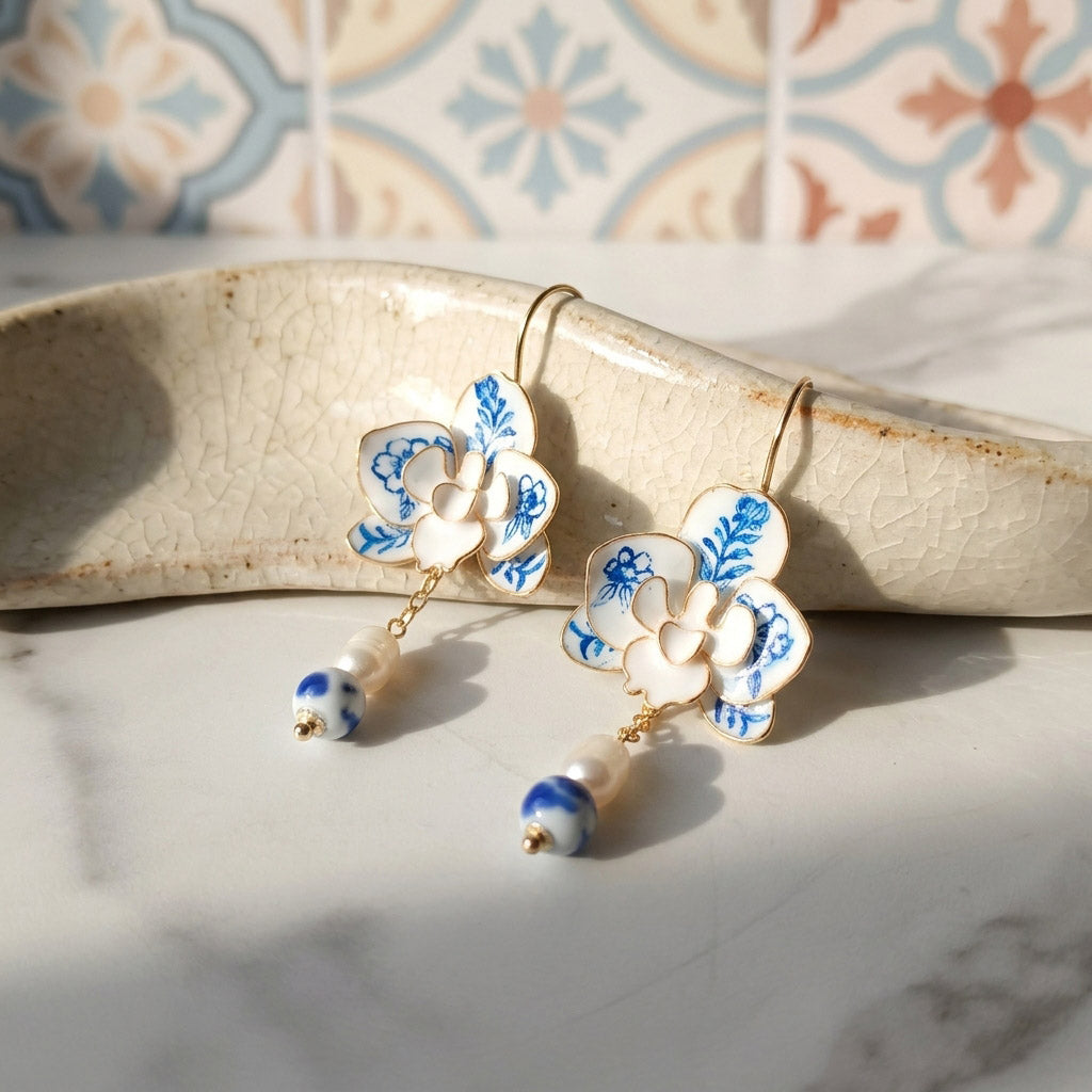 Blue Porcelain Orchid Drop Earrings