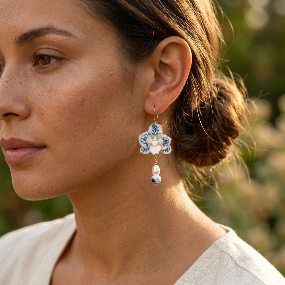 Blue Porcelain Orchid Drop Earrings