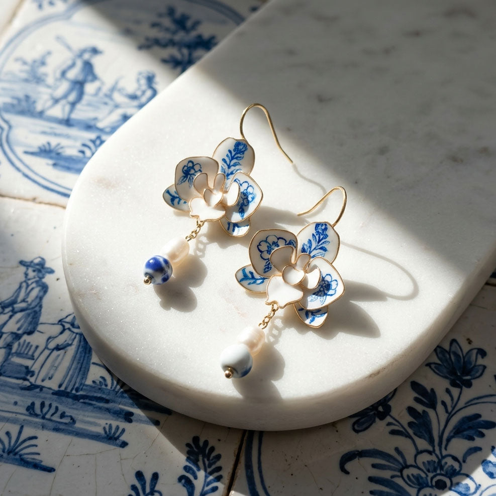 Blue Porcelain Orchid Drop Earrings