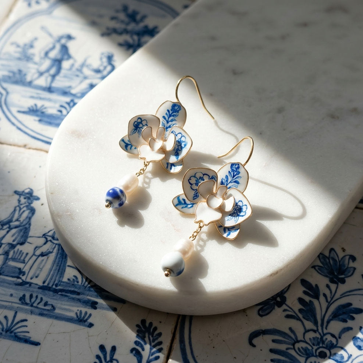 Blue Porcelain Orchid Drop Earrings