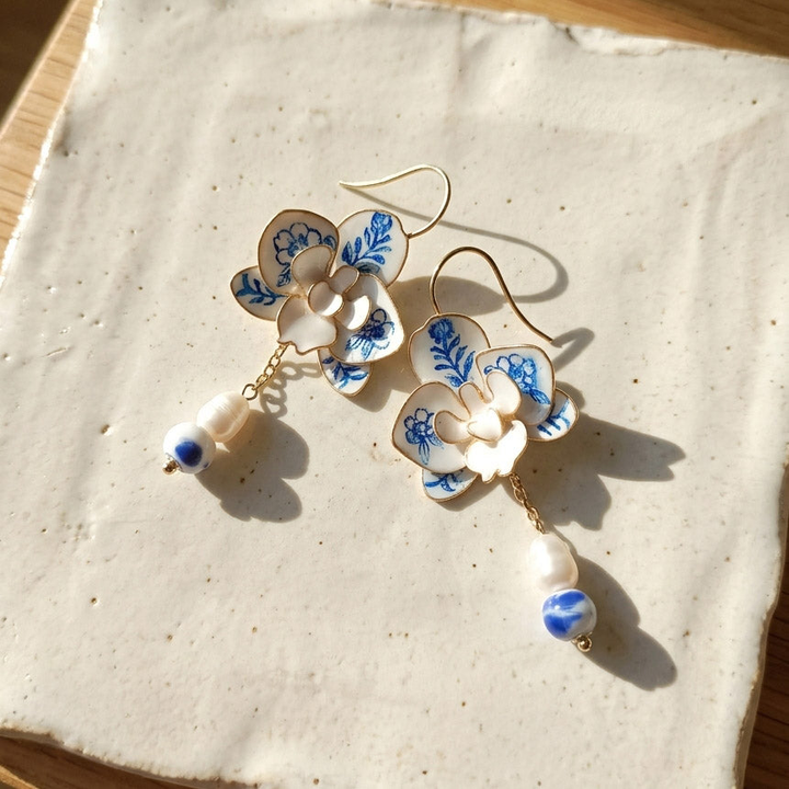Blue Porcelain Orchid Drop Earrings