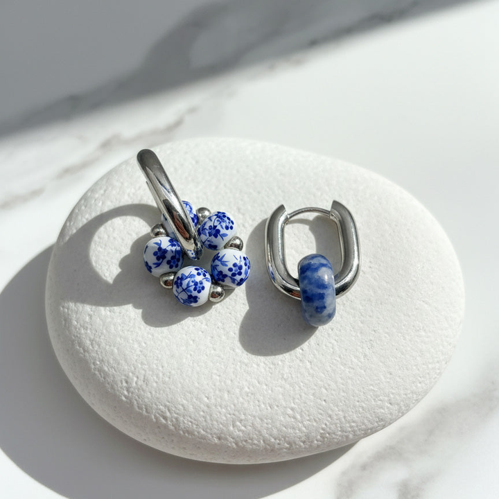 Blue &amp; White Porcelain Hoop Earrings with Sodalite Stone