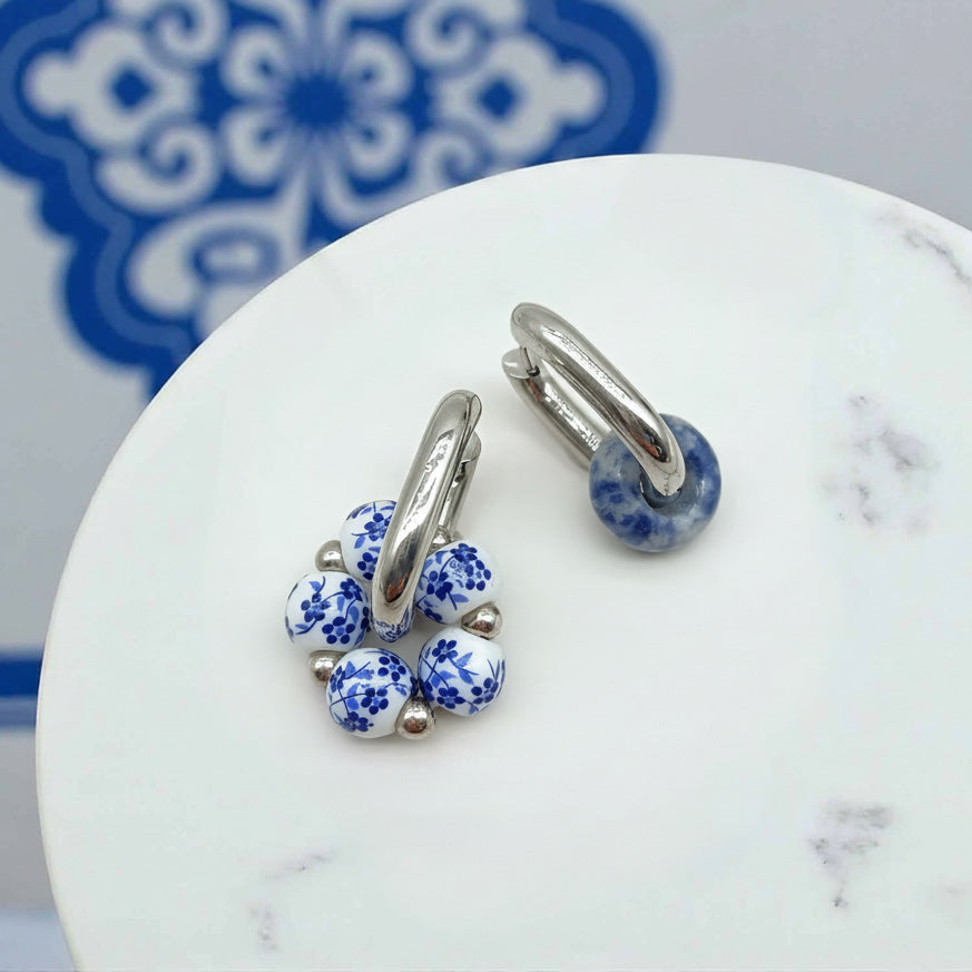 Blue &amp; White Porcelain Hoop Earrings with Sodalite Stone