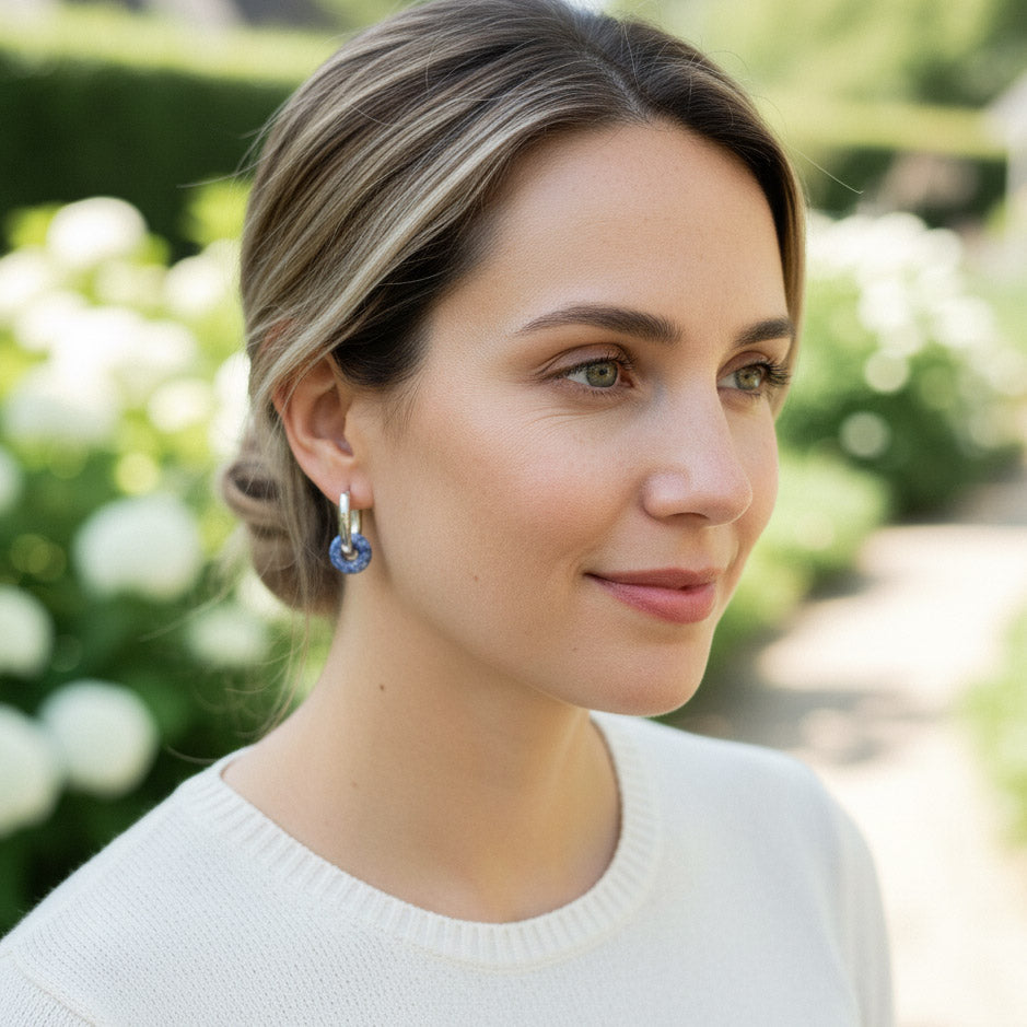 Blue &amp; White Porcelain Hoop Earrings with Sodalite Stone