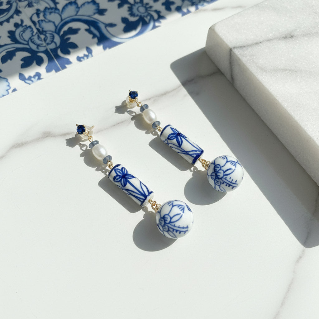 Blue & White Porcelain Dangle Earrings with Pearls & Lapis