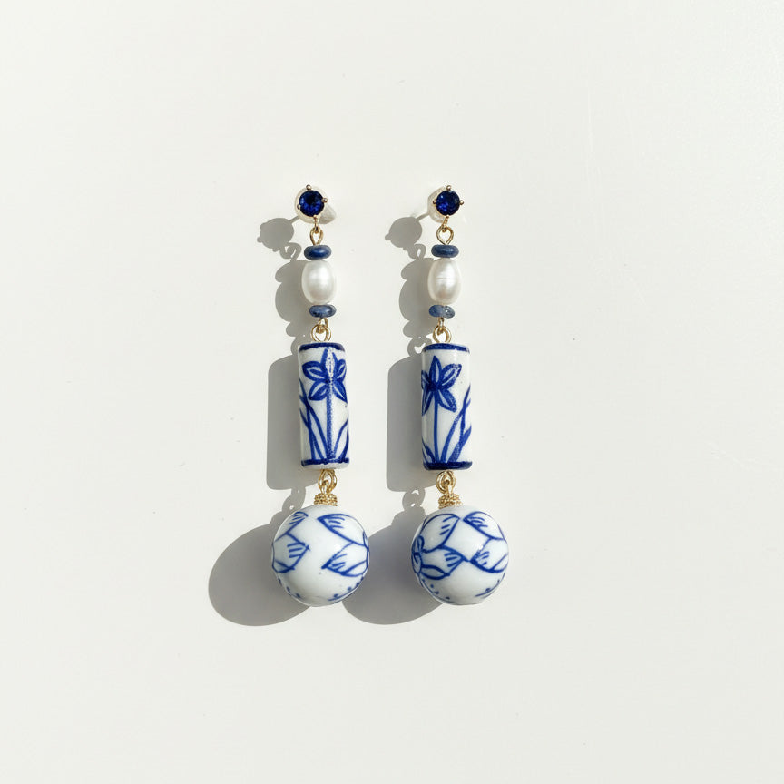 Blue &amp; White Porcelain Dangle Earrings with Pearls &amp; Lapis