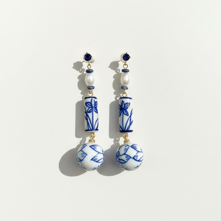 Blue &amp; White Porcelain Dangle Earrings with Pearls &amp; Lapis